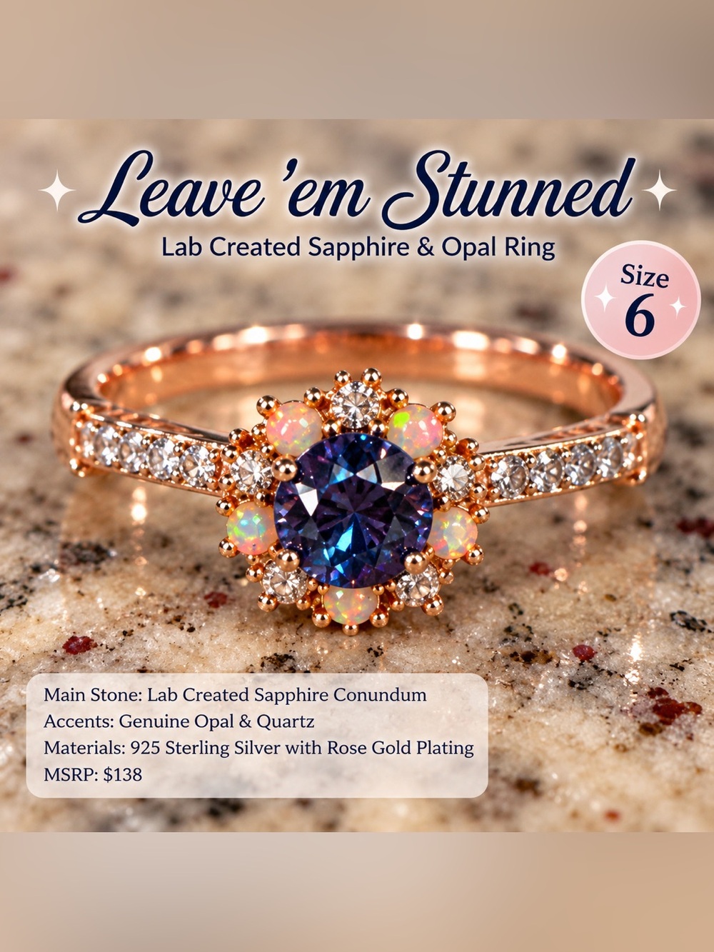 Rose Gold Sapphire & Opal Halo Ring - Size 6